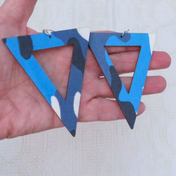Inverted Triangle Blue Camo Dangle Earrings For Women 4 Inches - Picture 7 of 8